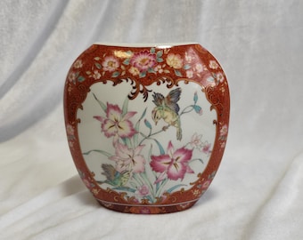 Vintage Japan Porzellanvase - Kolibri & Blumen - Roter Rand - 1960er Jahre