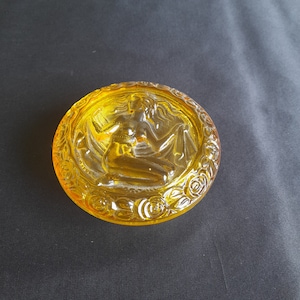 Vintage Art Deco amber Glass Jewelry box «Nymph» Powder Box Schlevogt Ingrid Design Czech Bohemian glass