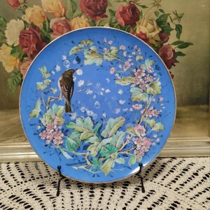Vintage porcelain blue wall plate bird on branches, flowers, hand painted, 31,5 cm, 50s