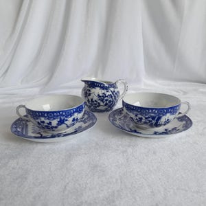 Vintage Set of 2 Japanese Porcelain Eggshell Tea Cups and Saucers and milk jug Sakura, Blue Cherry Flowers Decor, Japanese Porcelain 1970s