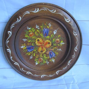 Wooden hand painted floral hanging plate, colourful wooden wall plate, German folk art style, peasant painting, ready to hang