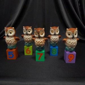 Vintage Goebel Owl Figurine, Horned Owl, Brown and White Feathers, Yellow Eyes, Green Base,  West Germany