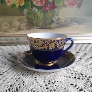 Vintage Tea Cobalt cup and saucer set, breakfast set, International festival of youth and students, LFZ USSR, Lomonosov Porcelain