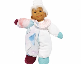 Figurka klauna cyrkowego, tkanina wielokolorowa, retro, karnawałowa, vintage