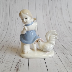 Vintage GDR Gräfenthal Porcelain figurine girl with a rooster, Thuringian porcelain,  East Germany figurine