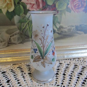 Antique Victorian Bristol Hand Painted Glass Vase, Hand Painted Glass Vase, Hand Blown Glass with Pontil, Opaque Floral Glass Vase
