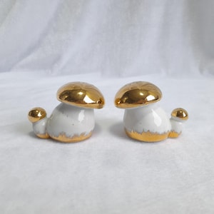 Vintage porcelain salt and pepper shakers set of 2 mushrooms white with gold