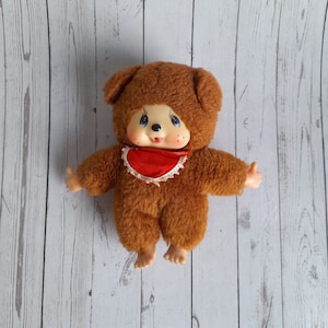 Vintage Rare LUMAGE SAS Bear Thumb Sucking Friend MONCHICHI, Bear Dog Toy, Puppy dog thumb sucker, Brown fur bear, Retro japanese doll