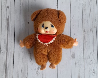 Vintage raro LUMAGE SAS oso chupando pulgar amigo MONCHICHI, juguete de perro oso, chupador de pulgar de perro cachorro, oso de piel marrón, muñeca japonesa retro