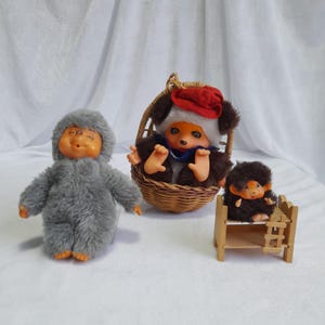 Vintage Rare Collectible Monchhichi, Monchichi Friend, Nyamy type Hedgehog, Panda in a basket, Monchhichi on the bed, Japan doll, Choose toy