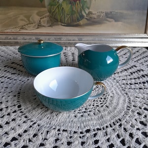 Vintage rare set Teal Trimmed Arzberg – Creamer Pitcher, Cup and Sugar bowl, German porcelain, 1950s