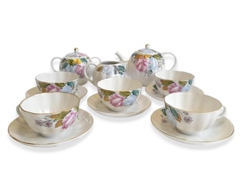Lomonosov Tea Set Porcelain Pink Blue Roses Tulip Shape Vintage USSR 5 Person