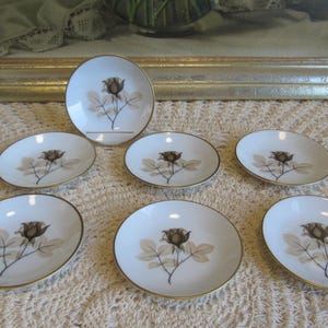 Vintage set of 7 small porcelain plates Rosenthal Germany  8,5 cm, Form 2000, Schattenrose decor, German porcelain 1960s