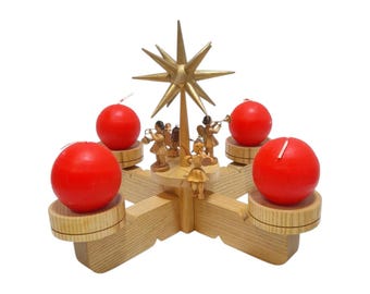 Vintage Erzgebirge Holz Adventskranz Kerzenhalter mit Weihnachtsengeln, Volkskunst DDR Ostalgie