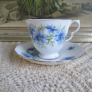 Vintage Queen Anne Bone China Tea Cup and Saucer Blue Flowers made in England
