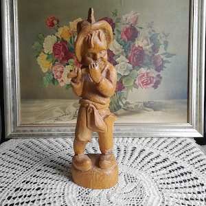 Vintage Wooden figure flute player wood sculpture handmade carving woodwork