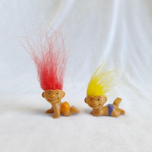 Set of 2 Mini Rubber Troll Dolls – Red and Yellow Hair – Vintage Collectible Toys in Underwear