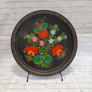 Vintage metal round tray bowl, tray, decoration plate, hand painted floral 70s, diameter 32 cm