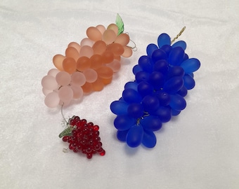 Czech glass frost blue, beige grape bunch and small red grape