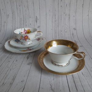 Vintage Hutschenreuther trio breakfast set and tea couple with gold decoration