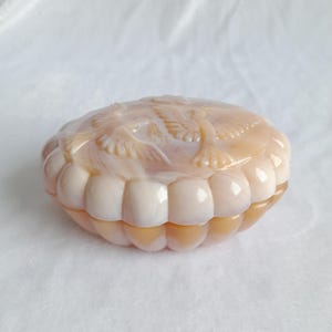 Art Deco Soap box Curt Schlevogt pressed glass milky peach color soap box with pigeons, Trinket Box