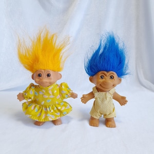 Vintage Troll Dolls – Soft Body Yellow Hair Troll and Blue Hair Troll in Speckled Jumpsuits – Choose your troll