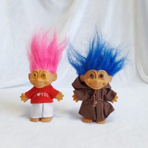 Vintage Troll Dolls – Pink Hair «I Love You» Suit Troll and Blue Hair Russ Troll in Monk Outfit – Choose your troll