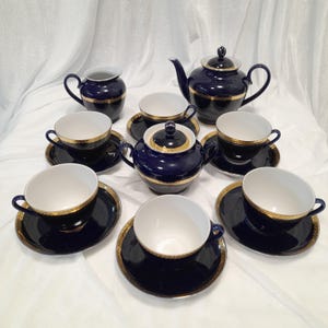 Vintage Tea Cobalt set for 6 persons Spikelet pattern, breakfast set, LFZ USSR, Lomonosov Porcelain