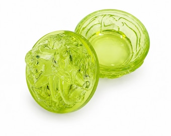 Uranium Glass Jewelry Box with Bacchantes Relief Czech Art Deco
