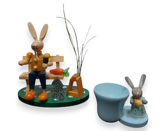 porte-oeufs de lapin en bois vintage, art populaire allemand d'Erzgebirge