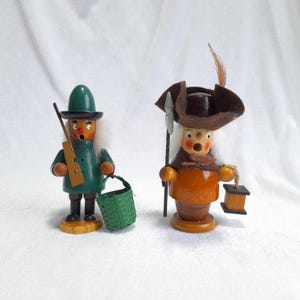 Wooden Vintage Erzgebirge German smoker, Hunter with Rifle and Basket & Night Watchman with Lantern, Incense smoker man, incense burner