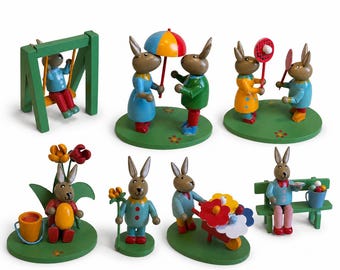 Figurine lapin Erzgebirge en bois peinte à la main art folklorique allemand vintage