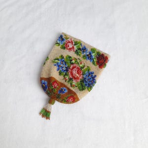 Borsa antica a reticolo con perline – Borsa con coulisse floreale fatta a mano – Borsa con perline Belle Époque