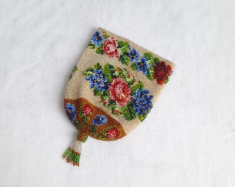Monedero antiguo con retícula de cuentas – Bolso artesanal con cordón floral – Bolso Belle Époque con cuentas