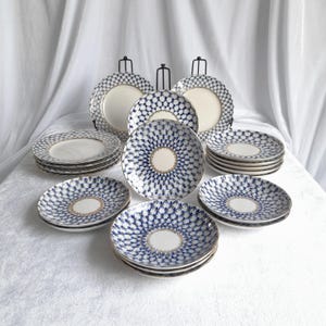 Vintage «Cobalt net» Dessert plate 18 cm, Teacup saucer 16 cm and Coffeecup saucer 15 cm, LFZ USSR, Lomonosov Porcelain