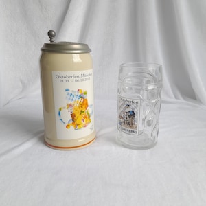 Vintage RASTAL porcelain beer mug with lid Oktoberfest Munich 21.06-6.10.2013 and glass mug Oktoberfest Löwenbräu, Vintage German Beer Stein