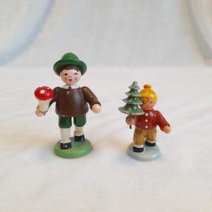 Wooden Vintage Christmas Decoration Figure Child Boy with mushroom, Boy with Christmas tree, Erzgebirge, folk art, hand painted, Germany