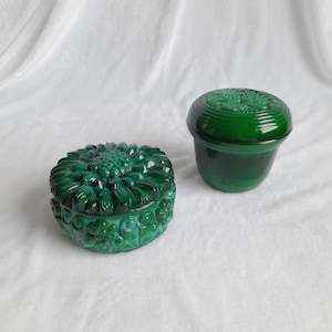 Art Deco Malachite Glass Trinket Box with Floral Motif Lid, Sunflower Box, Malachite Box, Malachite Bowl, Trinket Box, Malachite Glass