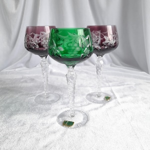Vintage Cut to Clear German Crystal Wine Glasses Amethyst Purple and emerald