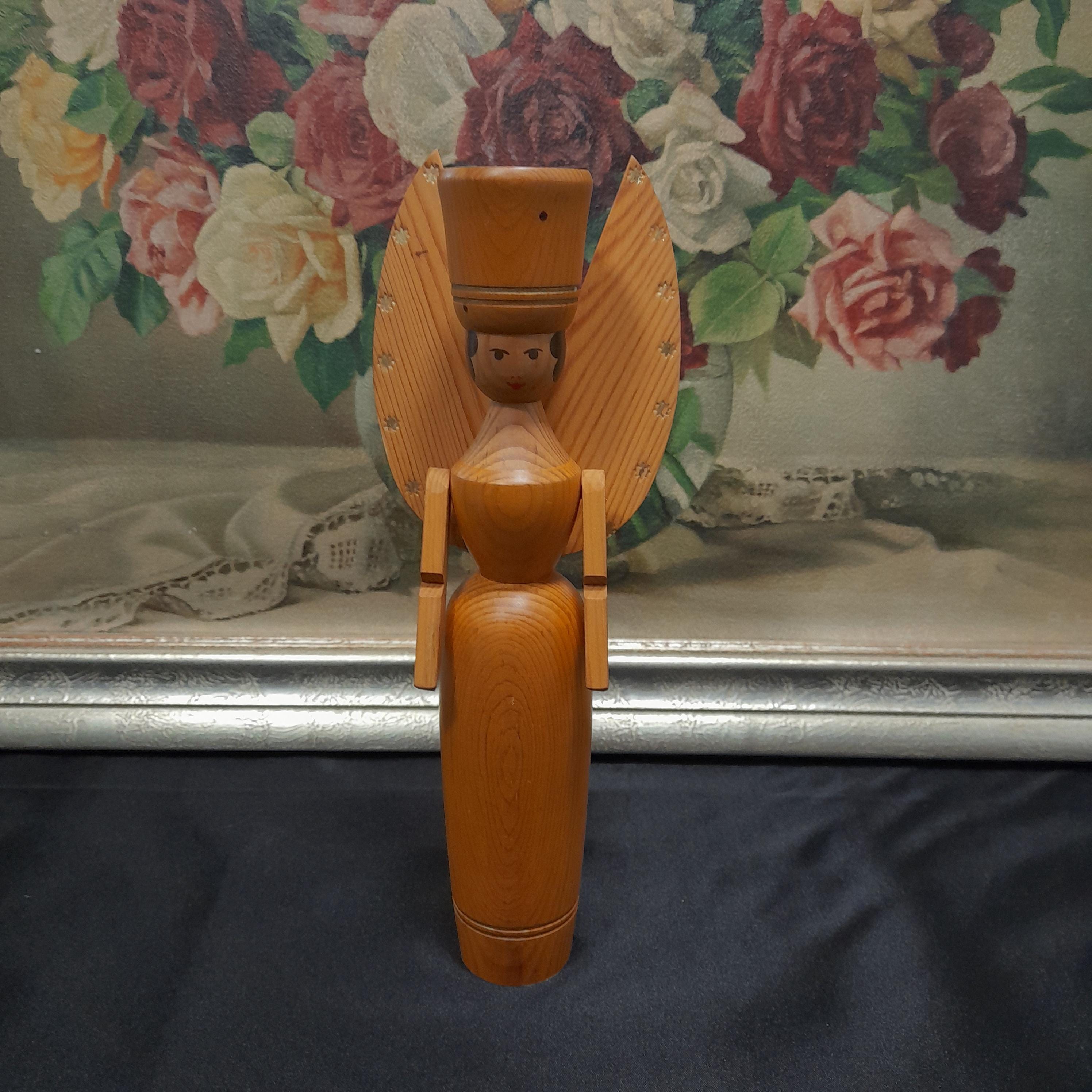 天使と鉱夫のキャンドルホルダー、ヴィンテージ木製装飾エルツ山地