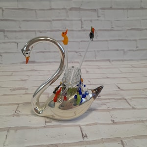 Vintage Lauscha Bimini glass Swan figure cocktail skewers holder, hollow glass, bird figure, glass art