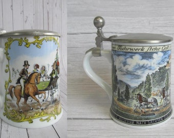 Vintage AK Kaiser beer mugs, Vintage German Beer Stein, people in the carriage, cart Beer stein with cover