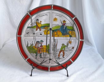 Vintage Stained Glass Panel – Four Seasons Folk Art – Hand-Painted Round Window Hanging