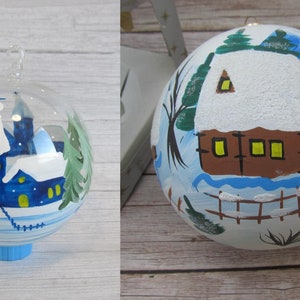 Vintage Glass Christmas Tree Decorations, hand-painted ball with painted village, made in Germany