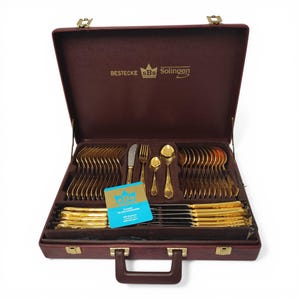Juego de cubiertos SBS Solingen de acero inoxidable chapado en oro de 24 quilates, 70 piezas, con estuche y diseño de vino.