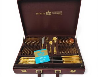 SBS Solingen Flatware Set 24K Gold Plated Stainless Steel 70 pcs Wein Pattern Case