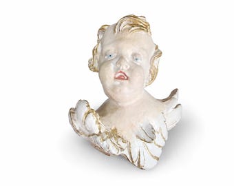 Grote wandplaat met cherubijn van 27 cm, handgesneden engel van gips, romantisch Frans decor