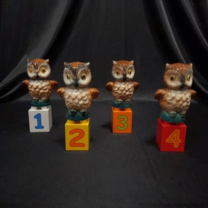 Goebel Vintage Owl Figurine, Horned Owl, Brown and White Feathers, Yellow Eyes, Green Base,  West Germany