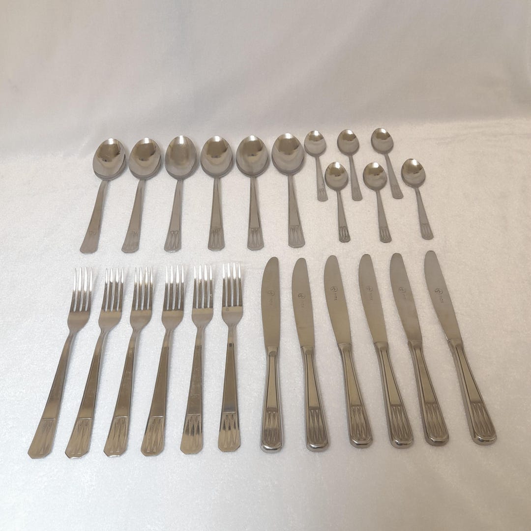 Art Deco Flatware Set Stainless Steel Silver Mid Century Geometric ...