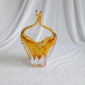 Vintage Art Glass Honey Amber Basket Egermann, Glaswork Novy Bor, Czechoslovakia, 80s